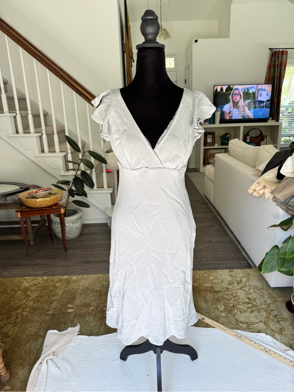 J. Crew Vintage Y2K Light Gray V-Neck Midi Dress with Flutter Sleeves